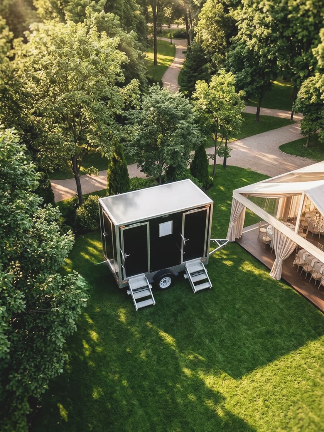 Restroom trailer placed near a garden event area
